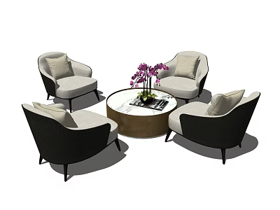 Leisure Sofa Set With Four Single Armchairs Round Coffee Table And Purple Orchid Decor 3d model