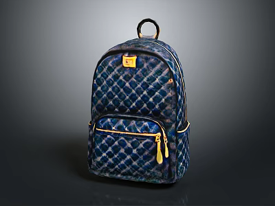 Fashionable Blue And Black Diamond Pattern Backpack With Gold Zipper And Top Handle 3d model