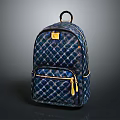 Fashionable Blue And Black Diamond Pattern Backpack With Gold Zipper And Top Handle