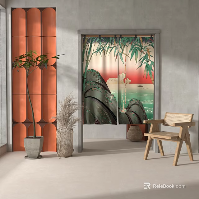 Bamboo Print Curtains With Mountain Landscape And Boat For Natural Interior Decor 3d model 