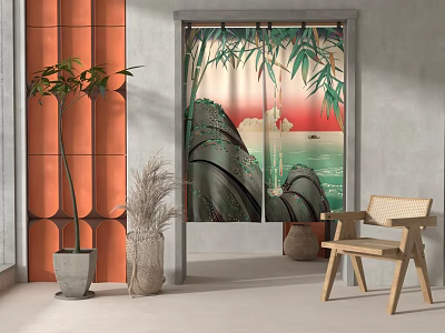 Bamboo Print Curtains With Mountain Landscape And Boat For Natural Interior Decor 3d model