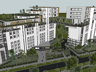 Modern Office Building Complex With Connected Bridges Greenery Trees And Walkways 3d model