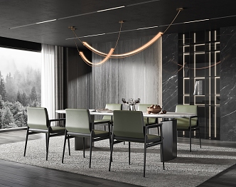 Minotti Restaurant Dining Table and Chair Combination Rectangular Dining Table Chandelier Jewelry Ornaments Leather Dining Chair 3d model