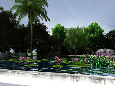 Tranquil Garden Landscape With Pond Water Lilies Palm Willow Trees Green Plants Rocks 3d model