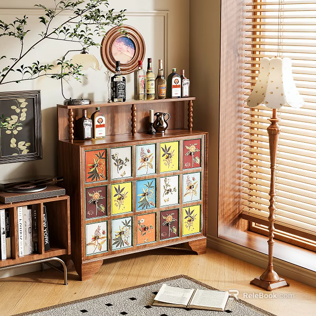 Wooden Chest of Drawers with Colorful Patterned Drawers in Room with Blinds and Decorative Items 3d model 