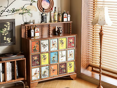 Wooden Chest of Drawers with Colorful Patterned Drawers in Room with Blinds and Decorative Items 3d model