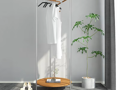 Contemporary Clothes Rack with White Garments Small Table Plant Books and Shoes Near Gray Wall 3d model