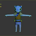 3D Blue Game And Movie Character With Big Eyes Brown Vest Red Belt Arms Outstretched