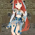 Anime Style Game Character With Pink Red Long Hair Blue White Outfit And Stone Wall
