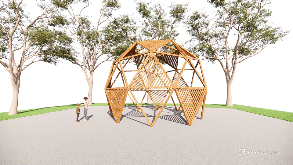 Wooden Pergola with Geometric Structure in Outdoor Space Surrounded by Trees 3d model 