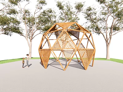 Wooden Pergola with Geometric Structure in Outdoor Space Surrounded by Trees 3d model
