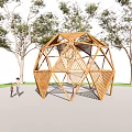 Wooden Pergola with Geometric Structure in Outdoor Space Surrounded by Trees