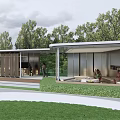Modern Open Outdoor Pergola With Wooden Deck Relaxing Seating And Green Trees