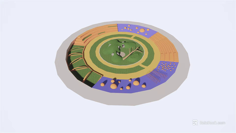 Circular Artistic Installation Featuring Multicolored Rings Central Green Design And Surrounding Orange Purple Details 3d model 