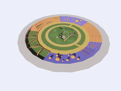 Circular Artistic Installation Featuring Multicolored Rings Central Green Design And Surrounding Orange Purple Details 3d model
