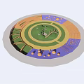 Circular Artistic Installation Featuring Multicolored Rings Central Green Design And Surrounding Orange Purple Details