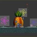 Cartoon Scene With Pineapple Shaped House Colorful Flowers Tiny Characters Green Path And Blue Platform