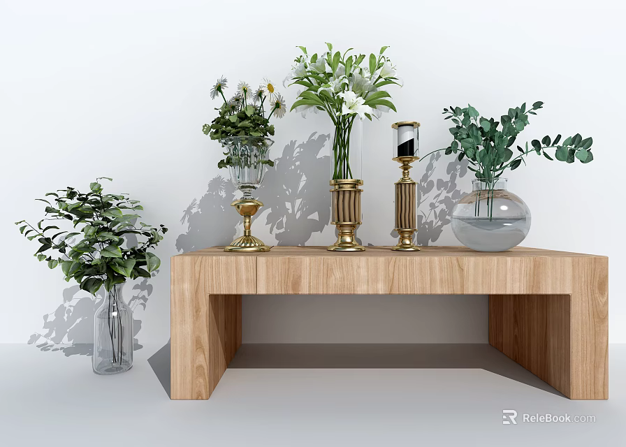 Various Vases With White Flowers And Green Plants On Wooden Bench Decor 3d model 