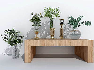 Various Vases With White Flowers And Green Plants On Wooden Bench Decor 3d model
