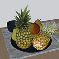 Fresh Pineapples Pears And Apple On Gray Plate With Wooden Spoon Bowl On Wooden Table