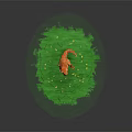 Orange Dinosaur Reptile Standing On Green Grass With Yellow Red Flowers And Flying Red Butterflies
