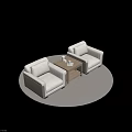 Pair Of Upholstered Light Colored Modern Single Sofa With Wooden Coffee Table And Round Rug