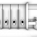 Public Restroom With Yellow Walls Urinals Marble Countertop Double Sinks Green Column White Tiled Floor