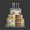 Colorful Three Tier Birthday Cake with Candles and Cactus Decorations on Black Background