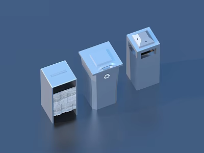 Three Different Designed Household Trash Bins With Lids Openings And Symbols For Home Use 3d model