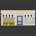 Small Shop Building Featuring Blue White Striped Awnings Blue Door Windows Yellow Planters Green Plants