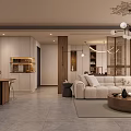 Modern Living And Dining Room Interior With Chandelier TV Decorative Paintings And Round Coffee Table