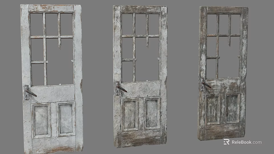 Three Old Weathered Wooden Doors With Glass Panes And Paneled Surfaces 3d model 