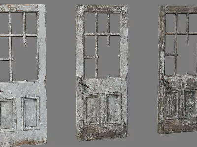 Three Old Weathered Wooden Doors With Glass Panes And Paneled Surfaces 3d model