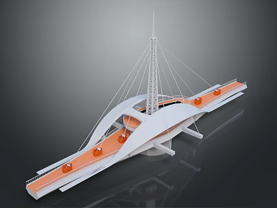 Modern Cable Stayed Bridge Structure With Steel Cables White Arch And Orange Walkway 3d model