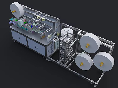 Automated Industrial Equipment Featuring Multiple White Rolls Metal Frame And Mechanical Components 3d model