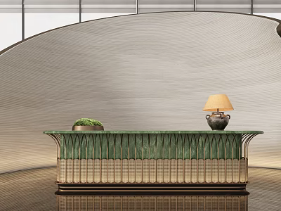 Elegant Reception Desk With Green Countertop Gold Accent Strips Table Lamp And Potted Plant 3d model