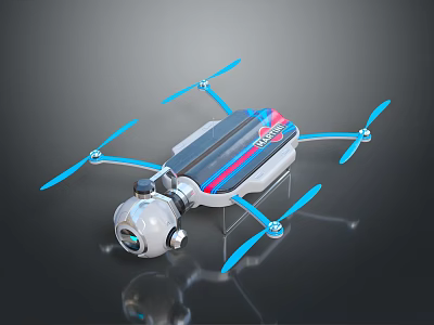 Sleek Drone With Blue Propellers Red Blue Striped Body And Underneath Camera 3d model