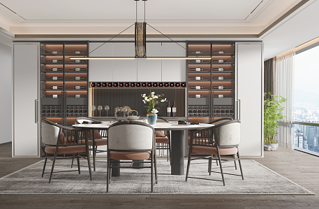 New Chinese Restaurant Wine Cabinet Wine Rack Dining Table and Chair 3d model