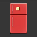 Red Double Door Kitchen Refrigerator With Golden Label And Shiny Exterior