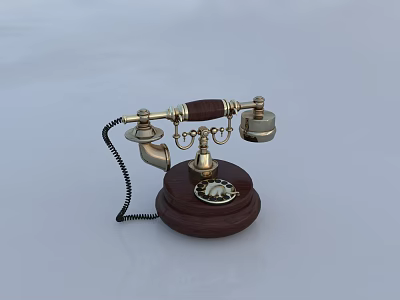 Vintage Mobile Digital Telephone With Rotary Dial Wooden Base And Metal Decoration 3d model