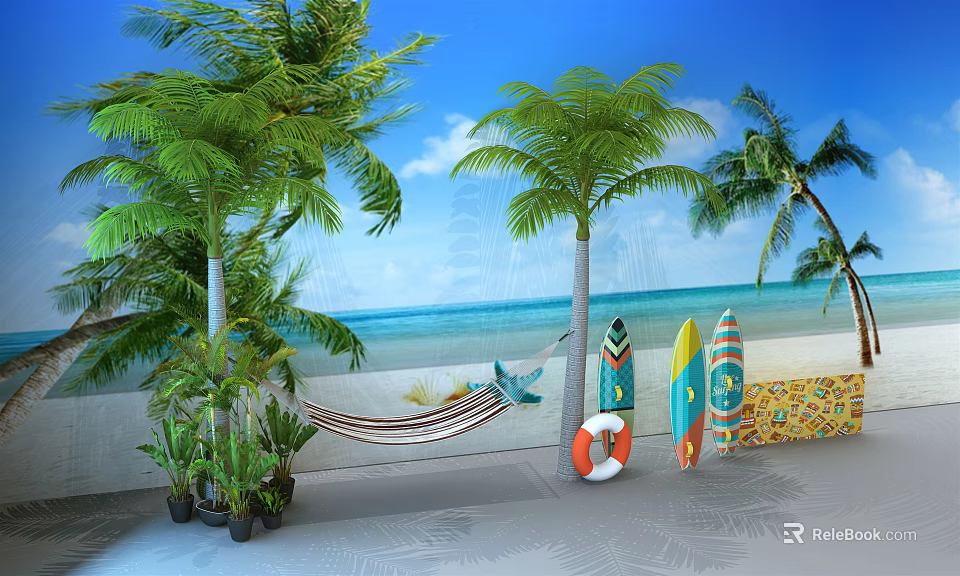 Tropical Beach Scene With Palm Trees Hammock Surfboards Lifebuoy And Blue Sky 3d model 