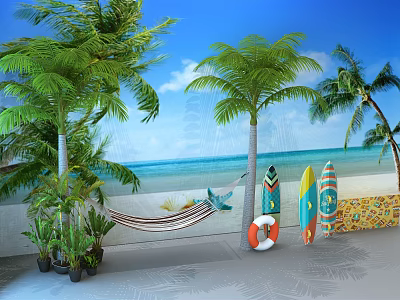 Tropical Beach Scene With Palm Trees Hammock Surfboards Lifebuoy And Blue Sky 3d model