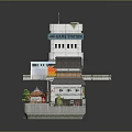 Cartoon Scene of Modern Capital Tower with Traditional Japanese Style Buildings Small Trees and Red Decorations