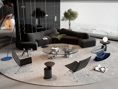Modern Black Sofa and Coffee Table Set with Round Glass Table Chairs Floor Lamp and Plant 3d model