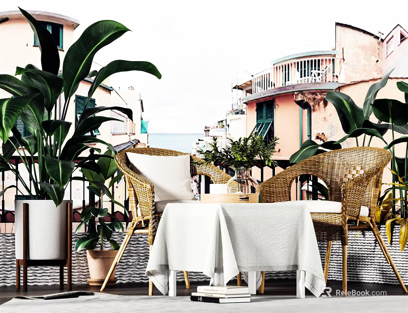 Stylish Wicker Outdoor Chairs With Cozy Patio Table And Green Plants Decor 3d model 