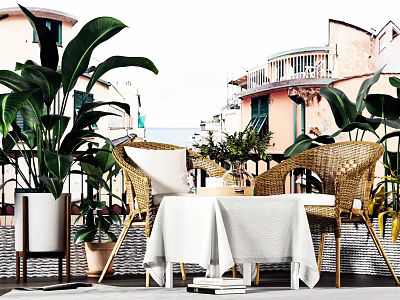 Stylish Wicker Outdoor Chairs With Cozy Patio Table And Green Plants Decor 3d model