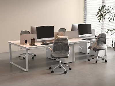 Modern Office Desk Interior With Computer Monitors Ergonomic Chairs Dividers And Potted Plant 3d model