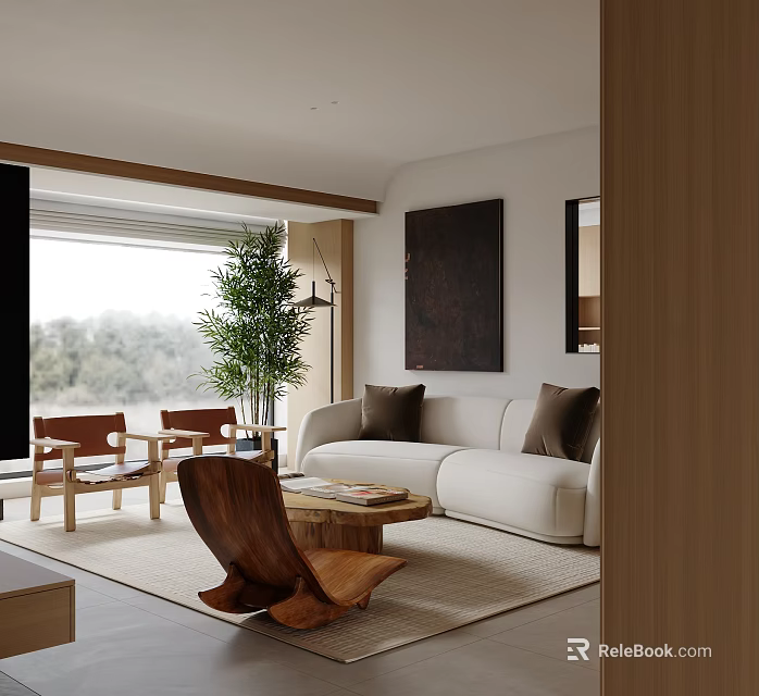 Cozy Living Room Interior With White Sofa Brown Cushions Wooden Coffee Table Two Brown Chairs Large Green Plant And Dark Painting 3d model 