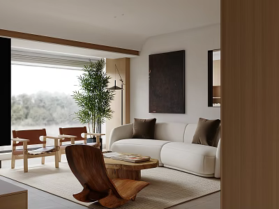Cozy Living Room Interior With White Sofa Brown Cushions Wooden Coffee Table Two Brown Chairs Large Green Plant And Dark Painting 3d model