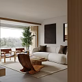 Cozy Living Room Interior With White Sofa Brown Cushions Wooden Coffee Table Two Brown Chairs Large Green Plant And Dark Painting
